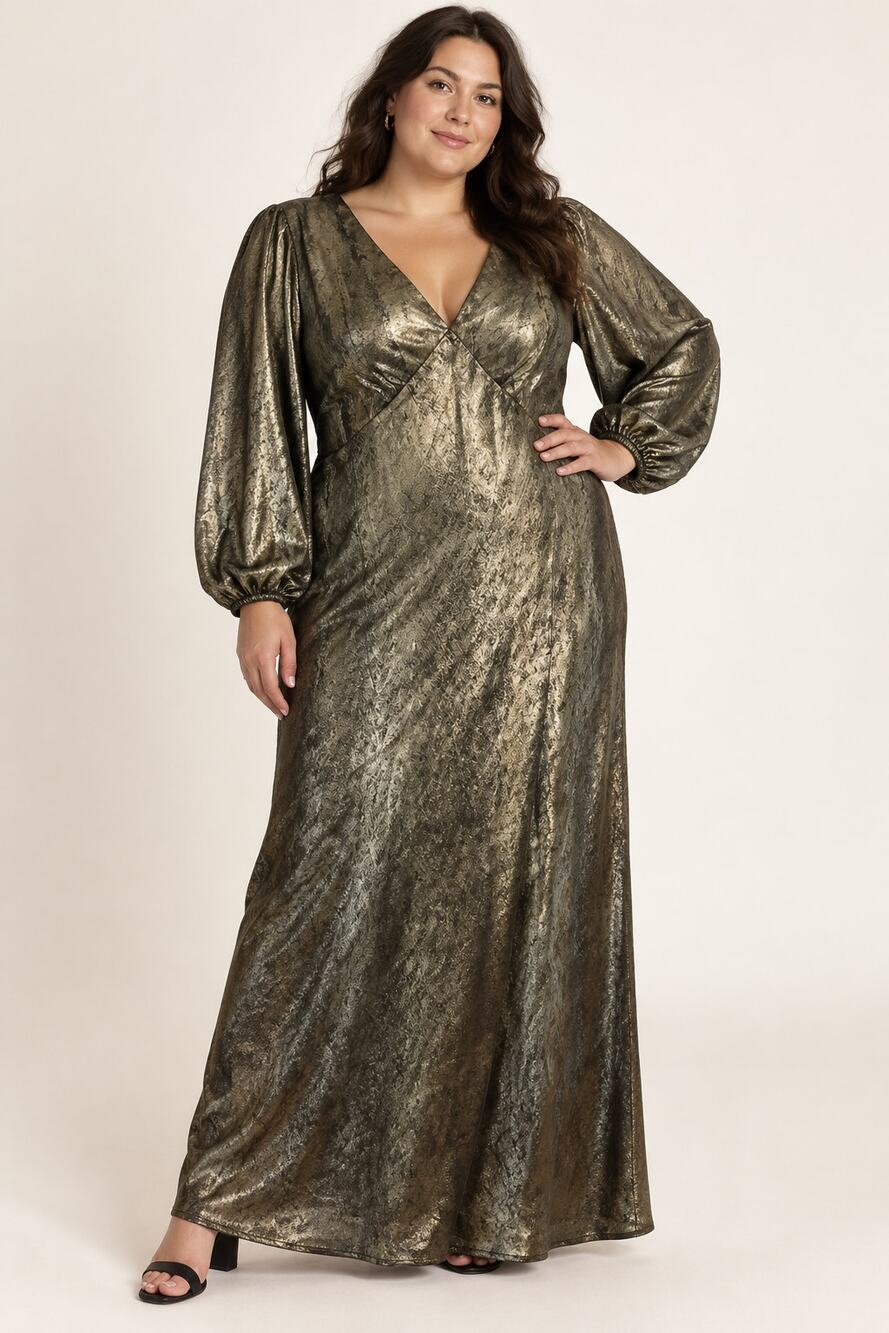 Glamorous Curve Metallic Gold Black Maxi Dress Plus 3X NWT Balloon Sleeve